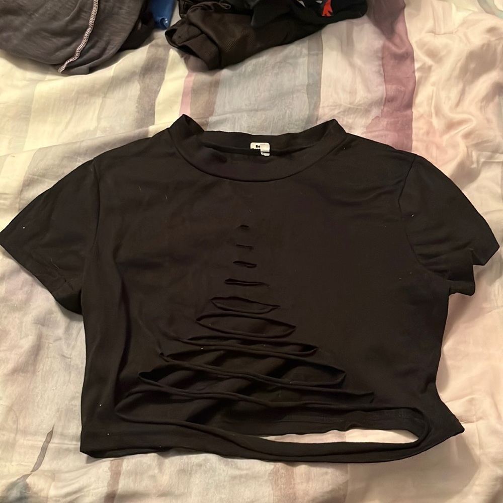Black Short Sleeved Crop Top with Cutout’s in Front